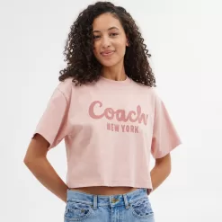 Coach Cursive Signature Cropped T Shirt Tops Women Pink