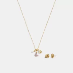 Coach Garden Charms Pendant Necklace And Earrings Set Jewelry Women Gold Multicolored