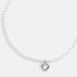 Coach Heart Pearl Choker Necklace Jewelry Women Silver