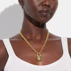 Coach Quilted Padlock Chain Necklace Jewelry Women Gold Black