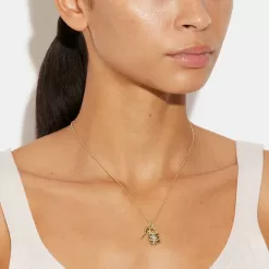 Coach Quilted Padlock Key Pendant Necklace Jewelry Women Gold Black