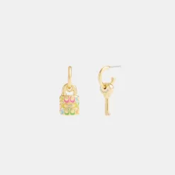Coach Rainbow Quilted Padlock Key Mismatch Earrings Jewelry Women Gold Multicolor