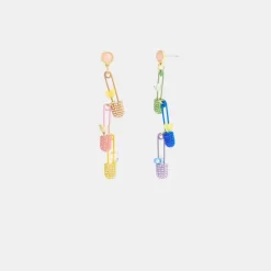 Coach Safety Pin Charm Drop Earrings Jewelry Women Gold Multicolored