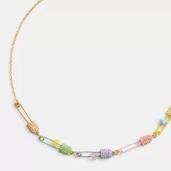 Coach Safety Pin Charm Link Choker Necklace Jewelry Women Gold Multicolored