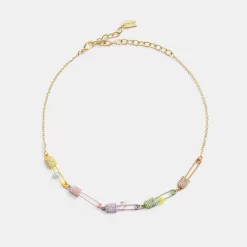 Coach Safety Pin Charm Link Choker Necklace Jewelry Women Gold Multicolored