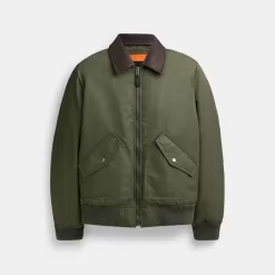 Coach Woven Jacket With Leather Collar Jackets Men Green